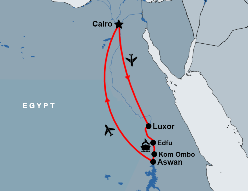 5 Day Luxor to Aswan Nile Cruise From Cairo By Flight route map